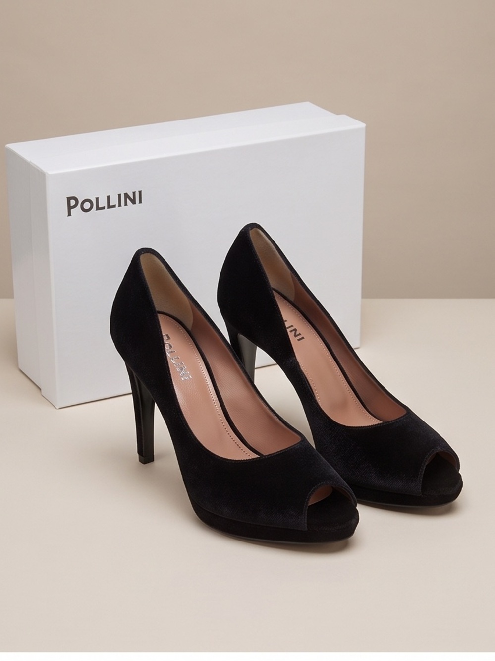 Pollini Women’s Black soft Velour Peep-Toe High Heels 👠